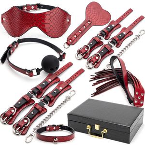 Articles de beauté Rouge Haut de gamme BDSM Lit Bondage Kits Cuir PU Ensemble de retenue érotique SM Menottes Cheville Menottes Kit Fouet Adulte Femmes Couple Sexy Jouets