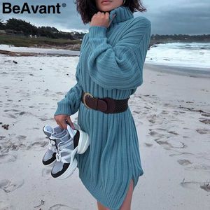 BeAvant Robe tricotée blanche élégante Femmes Col de tortue Femelle Automne Pull Robes Casual Vacances Dames Hiver Robes courtes 210709