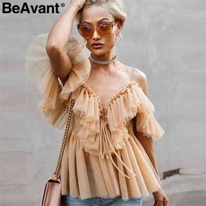 BEAVANT OFF SHOUSE WOMENS TOPS Y BLOUSES SOMBRERO ANTERIOR INTERRAL PEPLUM PEPLUM TOP Femenino Vintage Ruffle Mesh Blusa Camisa Blusas 210323