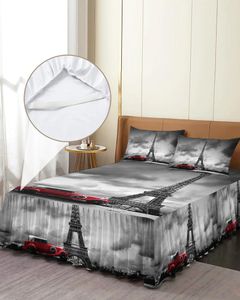 Jupe de lit Paris tour Eiffel avec voiture rouge, couvre-lit élastique, taies d'oreiller, housse de matelas, ensemble de literie, drap
