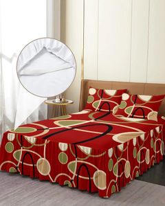 Jupe de lit rouge marron, lignes géométriques abstraites, couvre-lit élastique avec taies d'oreiller, housse de matelas, ensemble de literie, drap