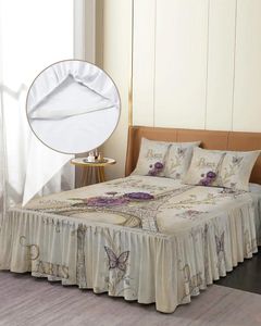 Jupe de lit Vintage tour Eiffel fleurs papillon, couvre-lit élastique avec taies d'oreiller, housse de matelas, ensemble de literie, drap