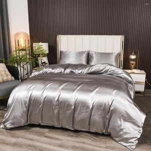 Ensembles de literie Ensemble de couette en soie réversible en 3 pièces Ensemble de couette / literie Satin doux de luxe avec 2 taies d'oreiller couverture de couette grise