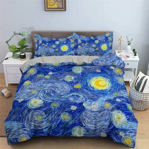 Conjuntos de ropa de cama Conjunto artístico 3D King Monet Van Gogh Estilo Cielo Pintura al óleo Patrón Funda nórdica impresa con fundas de almohada 2 3PCS 231122