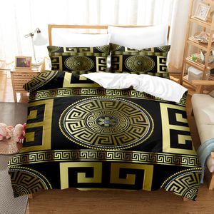 Bettwäsche-Sets, 3D-Luxus-Schwarz-Gold-Bettwäsche-Sets, griechischer Schlüssel, Mäander, Bettbezug-Sets, Bettwäsche, Queen-Size-Bett, moderne geometrische Tagesdecke 230605