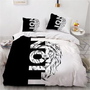 Ensembles de literie 3D Ensemble Noir Blanc Lion Thème Housse de Couette Tissu En Microfibre Facile À Nettoyer Pour Garçons Adultes Lit King Size