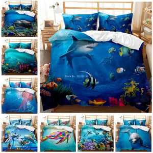 Juegos de cama 3D Undersea World Whale Shark Impreso Juego de cama Fondo azul Abajo Funda de edredón Funda de almohada Queen King Size 23 Piezas 230614