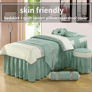 Juegos de cama 4 piezas Masaje para salón de belleza Sábana Uso de spa Funda nórdica Falda Edredón Taburete Funda de almohada