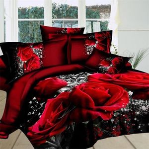 Juegos de cama 4 piezas 3D sábana de lino funda de almohada cubierta de ropa de cama para el hogar funda de almohada rosa roja flor ropa de cama para doble gemelo rey textil 220924