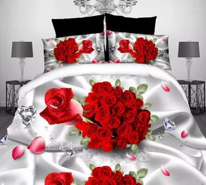 Conjuntos de ropa de cama 4 unids Colcha Habitación Decorativa 3D Rosa roja Conjunto de invierno Funda nórdica Sábana plana Funda de almohada Housse de Coquette King