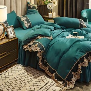 Conjuntos de ropa de cama 4 unids Conjunto de cubierta de edredón verde con corbatas de cremallera Falda de cama suave y cómoda para la habitación de invitados del dormitorio