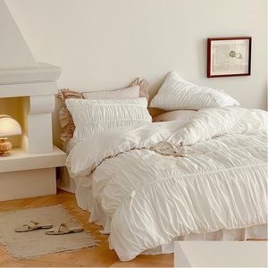 Ensembles de literie Ensembles de literie Ensembles de literie en coton plissé blanc pur 40S doux et jolis taies d'oreiller jupe de lit couette er 4 pièces avec nœud papillon 1,5/1,8/2,0 M S Dhcaz