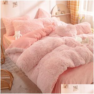 Ensembles de literie Ensembles de literie Hiver Ensemble super chaud Drap de lit en peluche de couleur unie Couette Er Camel Veet Double taie d'oreiller 4 pièces 221014 Dro Dh5Bw