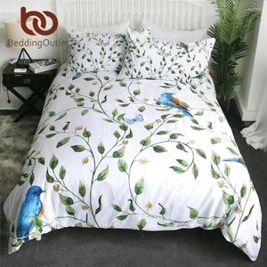 Juntos de ropa de cama Beddingdingoutlet Hojas verdes Juego de mariposa Bedslótica de la cama de la rama del árbol Cubierta nórdica 3 PPC Spring acuarela edredón