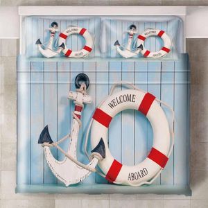 Juegos de ropa de cama Anchor de bote Blue Beach Sea 3pcs/Set Set Sheet Children Room Camino de almohada