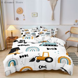 Juegos de ropa de cama Juego de cama de coche de dibujos animados para niños, funda de edredón de vehículos de construcción, 2/3 piezas, camión de maquinaria de dibujos animados para niños, funda nórdica de poliéster suave 230506