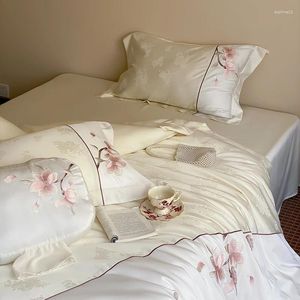 Ensemble de literie Fleurs de style chinois broderie Lyocell Coton Soft Silky Set Couvrette Plat / Fitted Lit Sheet Will Wases
