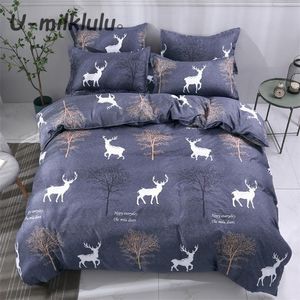 Conjuntos de ropa de cama Juego de cama con estampado de ciervos, juego de sábanas nórdicas, funda nórdica azul, juego de cama elástico tamaño King individual, doble, fundas de almohada, 4 Uds. 221010