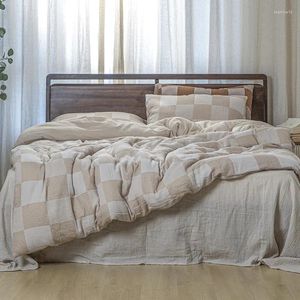 Juegos de cama de cama de doble capa gas de algodón nórdico juego de celosía de colcha a cuadros cama colchón colchón de almohadillas de lino