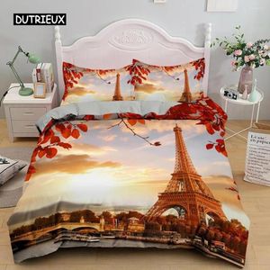 Ensembles de literie Tour Eiffel Housse de couette King Polyester au coucher du soleil Thème Paris Romantique France Couette pour adulte