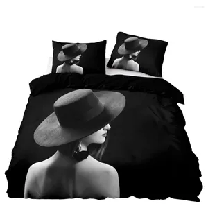 Conjuntos de ropa de cama elegante Vista de retroceso Patrón de patrón de lujo cubierta de edredón negro de lujo con funda de almohada Camas para adultos Doble Twin completo
