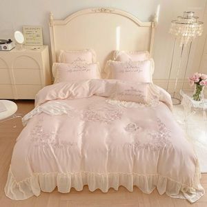Conjuntos de ropa de cama Eucalipto Lyocell Juego de funda nórdica Ruffels Princess Girls Blanco Rosa Sedoso Suave Enfriamiento Hoja de cama Fundas de almohada