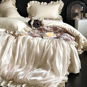 Ensembles de literie français romantique jacquard pur coton brossé princesse ensemble chic fleurs organza volants housse de couette drap de lit taies d'oreiller