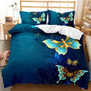 Ensembles de literie Ensemble de housse de couette papillon doré King Queen Size Jolie femme bleue Insecte 2 3pcs Couette en polyester 230921