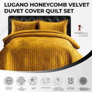 Parure de lit 3 pièces avec point nid d'abeille pour lit king size comprenant une couette surdimensionnée et deux taies d'oreiller en velours doux Lugano/doré