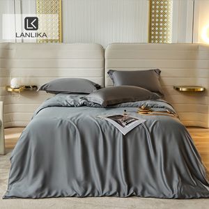 Ensembles de literie Lanlika été gris foncé 100% soie housse de couette taie d'oreiller drap de lit ensemble de couette lin roi reine ajusté 230321