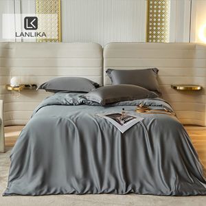 Ensembles de literie Lanlika été gris foncé 100 soie housse de couette taie d'oreiller drap de lit ensemble de couette lin roi reine ajusté 231122