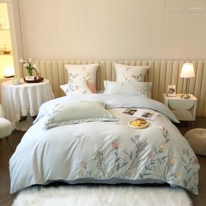 Ensembles de literie bleu clair, drap de lit brodé esthétique, ensemble de 4 pièces, housse de couette de haute qualité, couvre-lit en coton, matelas