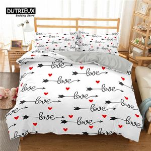 Conjuntos de ropa de cama Love Heart Set Palabras Funda nórdica Poliéster Corona romántica Impresión Edredón con fundas de almohada Rey completo para niña niño