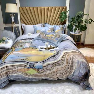 Conjuntos de ropa de cama lujosos estilo chino Iandscape Patrón de árbol de árbol de caballo de la cama de animales Seta de edredón Familia de 4 piezas