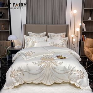 Bedding sets Luxury Gold Feather Embroidery Egyptian Cotton Champagne Light Yellow Patchwork Duvet Cover Bed Sheet Pillowcases Set 230801