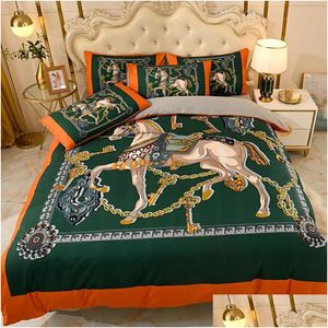 Ensembles de literie Luxe Orange King Designer Coton Cheval Imprimé Queen Taille Couette Er Drap De Lit Taies D'oreiller De Mode Couette Ensemble Drop D Dhw1V