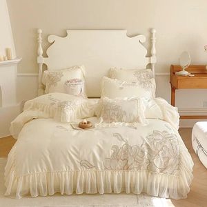 Conjuntos de ropa de cama de lujo con bordado de flores de peonía, algodón egipcio, gasa Beige, encaje de princesa, funda nórdica, sábanas, fundas de almohada