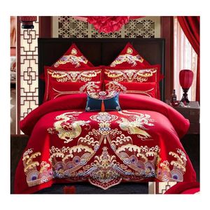 Ensembles de Literie Ensemble de Luxe Dragon Phoenix Broderie Rouge Style Chinois Mariage 100 Coton 4/6 Pcs Princesse Literie Couette Er Drap De Lit Dhqnd