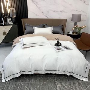 Juegos de ropa de cama de lujo suave seda satén algodón marco bordado funda nórdica estilo Simple blanco gris con sábana fundas de almohada