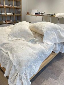 Conjuntos de ropa de cama de lino de algodón natural, no suave, jacquard vintage, tres capas de hilo, volantes de encaje, juego de funda nórdica, sábanas, fundas de almohada