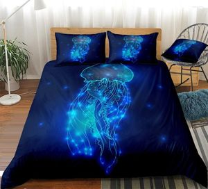 Juegos de cama Juego de funda nórdica de medusas oceánicas Ropa de cama azul oscuro Vida marina Mar Textiles para el hogar Ropa de cama
