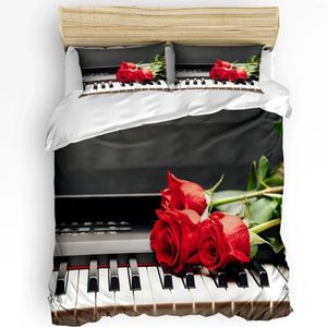 Conjuntos de ropa de cama Piano Música Red Rose Flower Set 3 unids Funda nórdica Funda de almohada Niños Adulto Edredón Cama Doble Textiles para el hogar