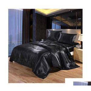 Ensembles de literie Pièces 4 Set Luxe Satin Soie Queen King Size Couette Couette Couette ER Plat et drap-housse Drap-housse Drop Deliver Otrpw