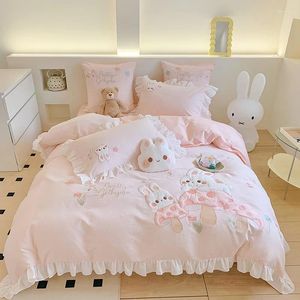 Ensembles de literie Rose Style de dessin animé mignon coton lavé 4 pièces ensemble tissu apposé housse de couette brodée en gros