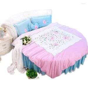 Juegos de cama Cama de esquina redonda Rosa Lujo SuperKing Size Ruffle Azul Juego de sábanas ajustables Algodón Flroal Europa Funda nórdica