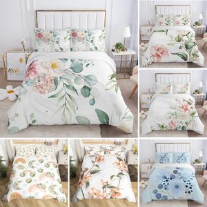 Conjuntos de ropa de cama Flor rústica Conjunto blanco Microfibra Hojas de árbol Funda nórdica floral Edredón con estampado 3D con fundas de almohada Decoración de la habitación