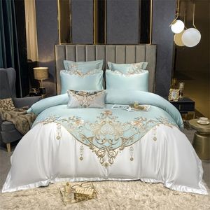 Ensembles de literie Satin Coton Broderie Housse de Couette Ensemble De Luxe Vert Blanc Patchwork Literie Couvre-Lit Drap Taies D'oreiller King Queen Taille 221010