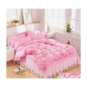 Conjuntos de ropa de cama Set Princess Bow Ruffle Edredón Er Wedding Pink Girl Baby Bed Falda Edredón Twin Ropa de cama Drop Entrega Home Garden Texti DHWRZ