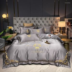 Juegos de cama Color sólido Textiles para el hogar Juego de bordado dorado Plata Gris Satén Algodón Funda nórdica Colcha Sábana Fundas de almohada