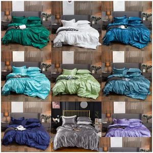 Ensembles de literie couleur unie imitation soie feuille couette Er taie d'oreiller 4 pièces ensemble doux fournitures pour la maison 714 V2 livraison directe Textiles de jardin Dhikf